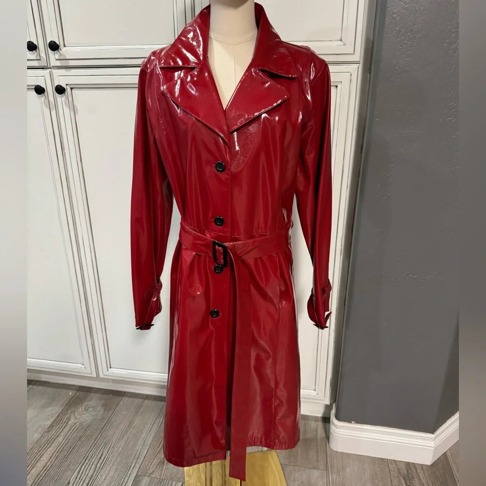 Vintage Venezia 90s red vinyl trench coat sexy jacket belted slit back 14/16 - Picture 2 of 9